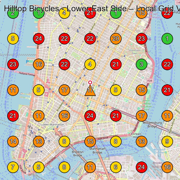 Hilltop Bicycles - Lower East Side Bicycle Store GeoGrid ranking map for New York NY